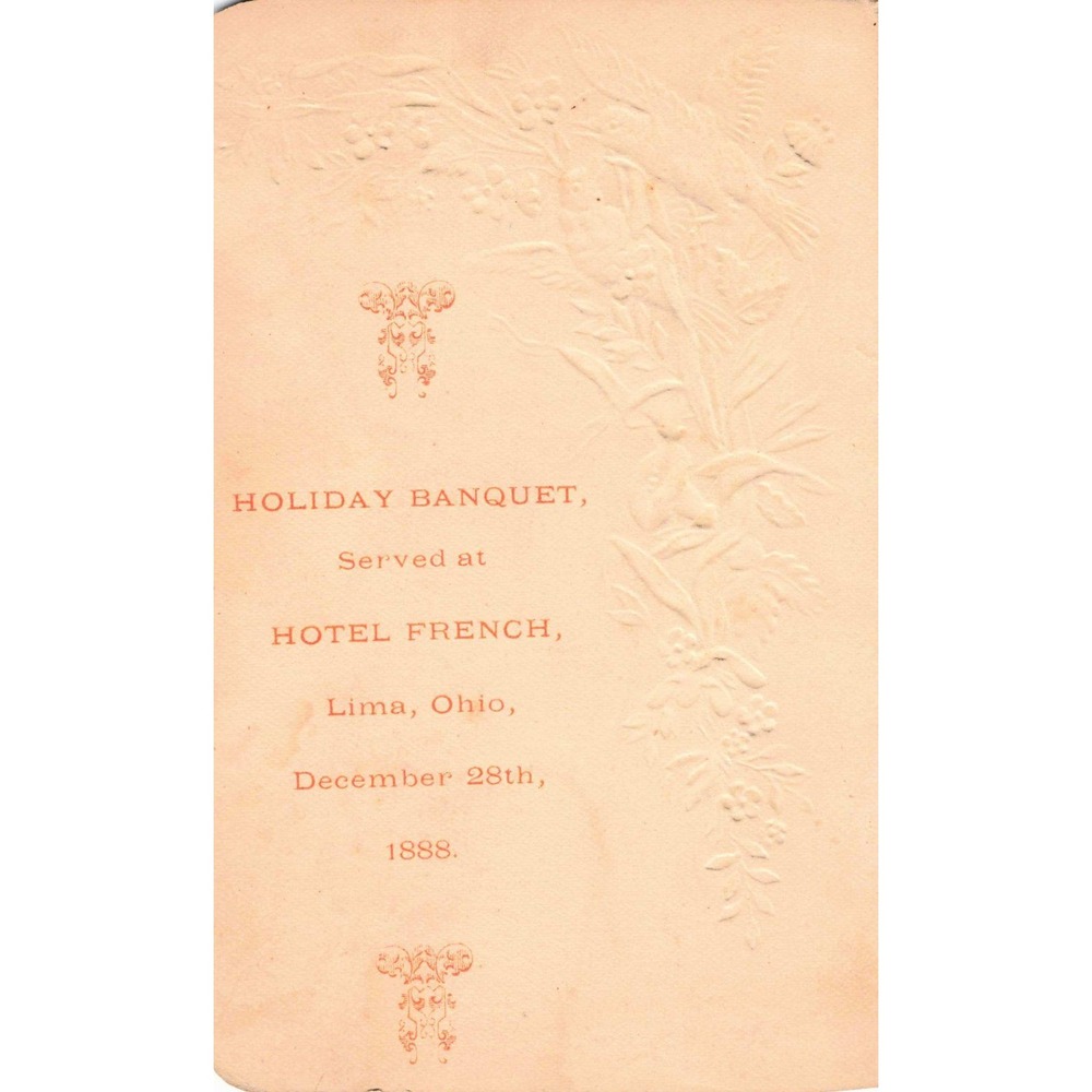 Antique 1888 Hotel French Lima Ohio Banquet Menu Embossed Birds - Picture 2 of 2